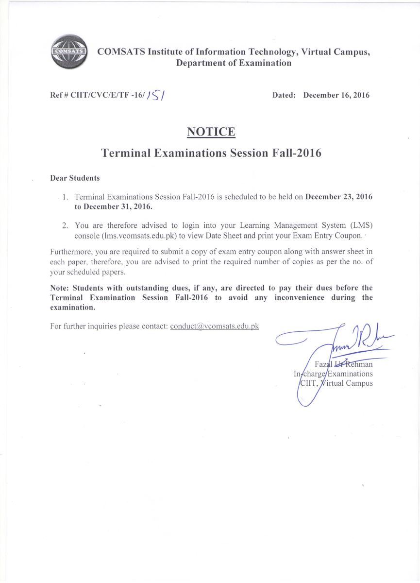 Terminal Examination Fall 2016